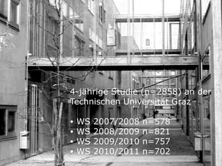 4-jährige Studie (n=2858) an der
Technischen Universität Graz

•   WS   2007/2008   n=578
•   WS   2008/2009   n=821
•   WS   2009/2010   n=757
•   WS   2010/2011   n=702
 