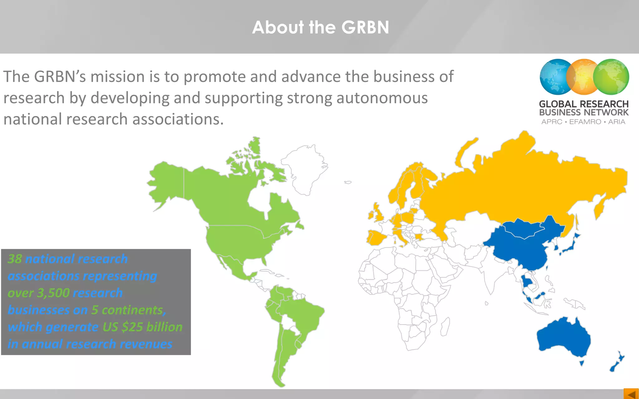 Conclusions for the Market Research IndustryAbout the GRBN
The GRBN’s mission is to promote and advance the business of
research by developing and supporting strong autonomous
national research associations.
38 national research
associations representing
over 3,500 research
businesses on 5 continents,
which generate US $25 billion
in annual research revenues
 