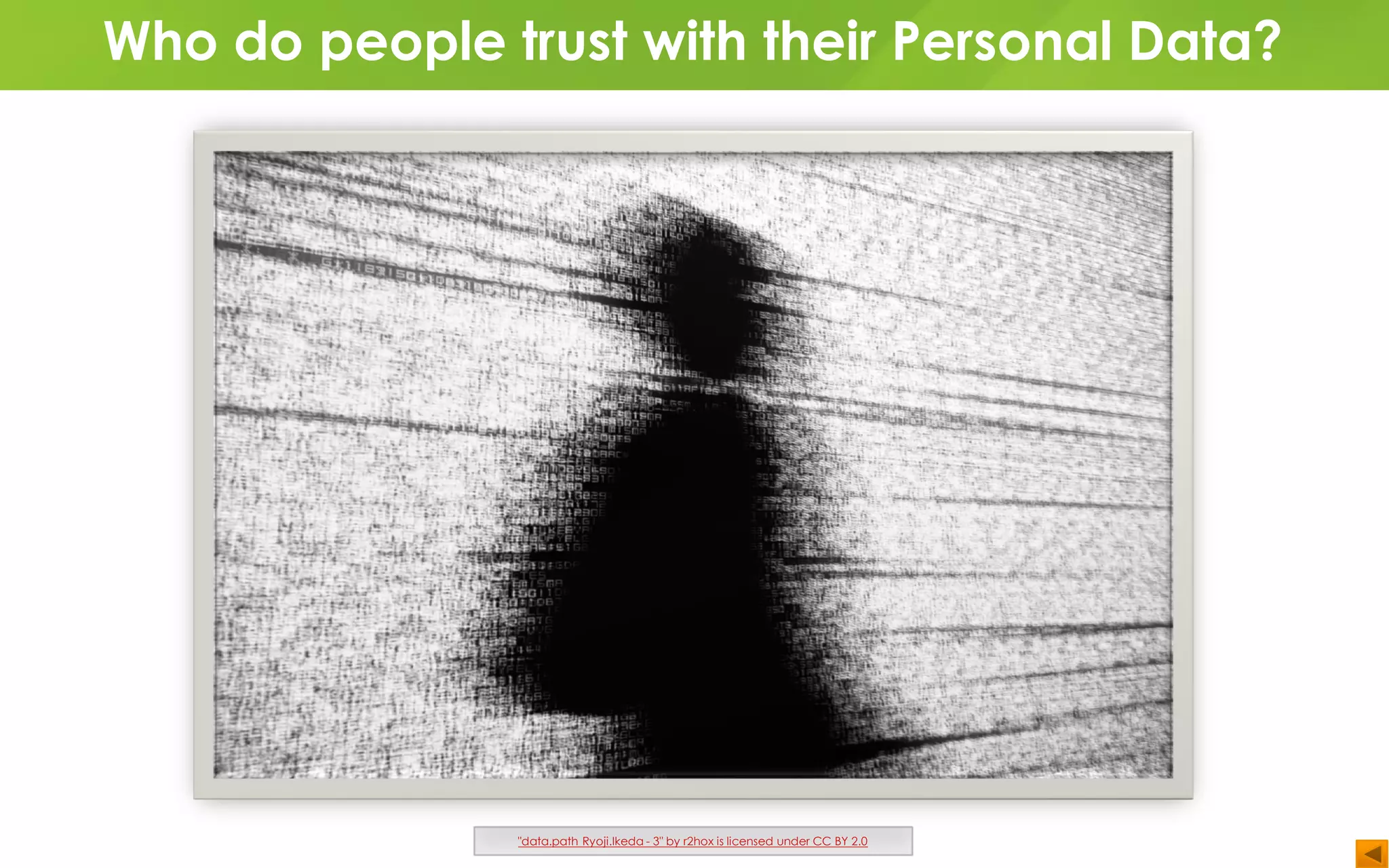 Who do people trust with their Personal Data?
"data.path Ryoji.Ikeda - 3" by r2hox is licensed under CC BY 2.0
 