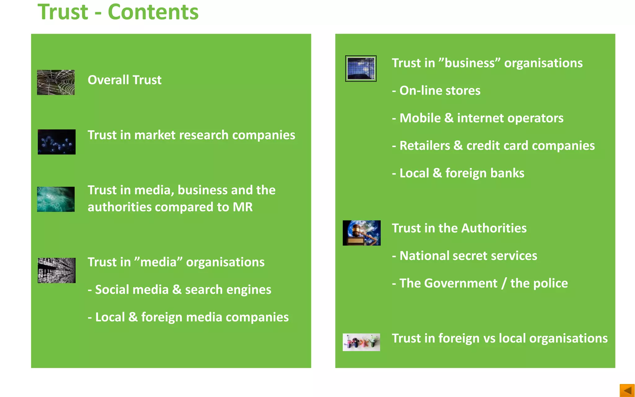 Trust - Contents
Overall Trust
Trust in market research companies
Trust in media, business and the
authorities compared to MR
Trust in ”media” organisations
- Social media & search engines
- Local & foreign media companies
Trust in ”business” organisations
- On-line stores
- Mobile & internet operators
- Retailers & credit card companies
- Local & foreign banks
Trust in the Authorities
- National secret services
- The Government / the police
Trust in foreign vs local organisations
 