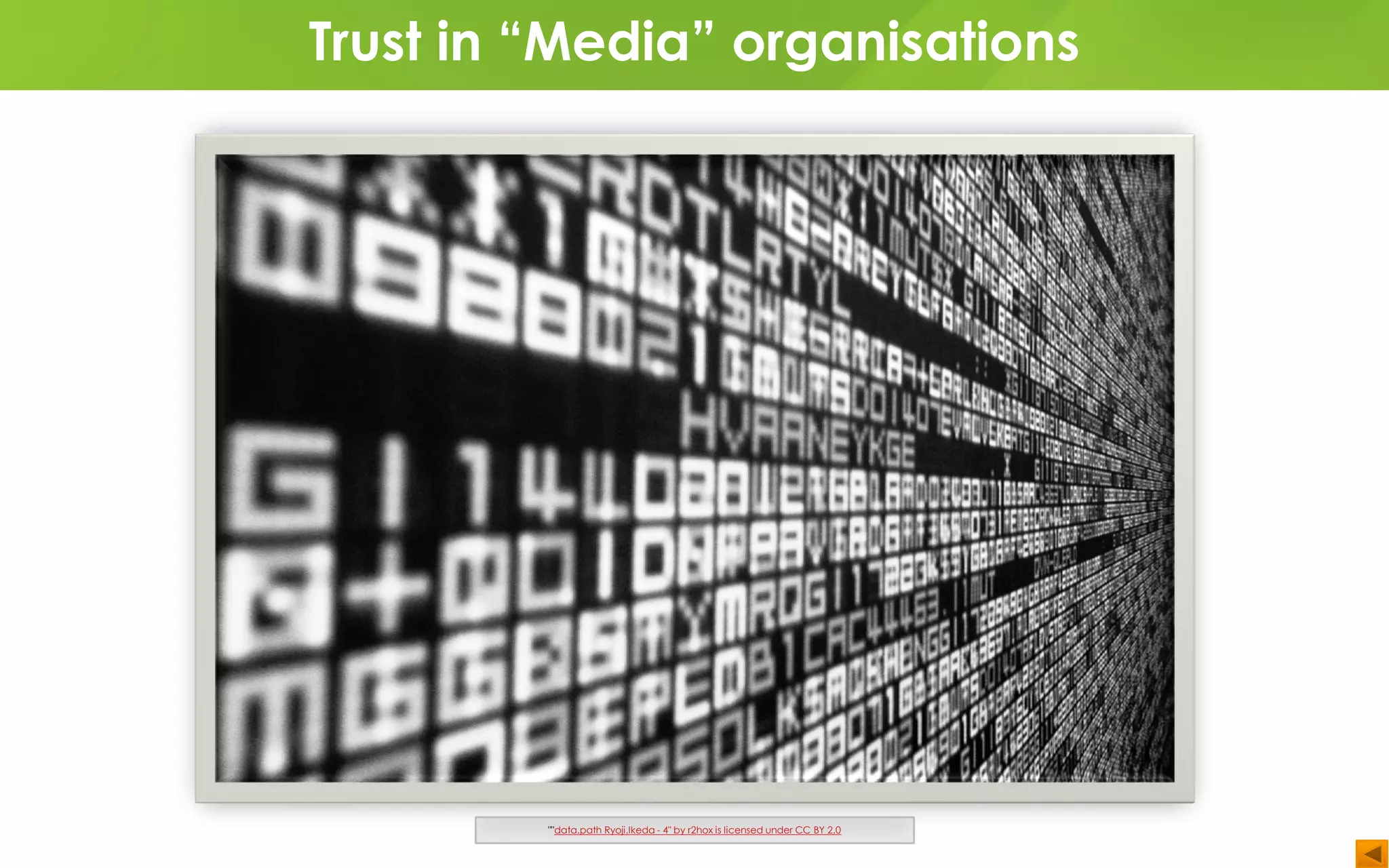 Trust in “Media” organisations
""data.path Ryoji.Ikeda - 4" by r2hox is licensed under CC BY 2.0
 