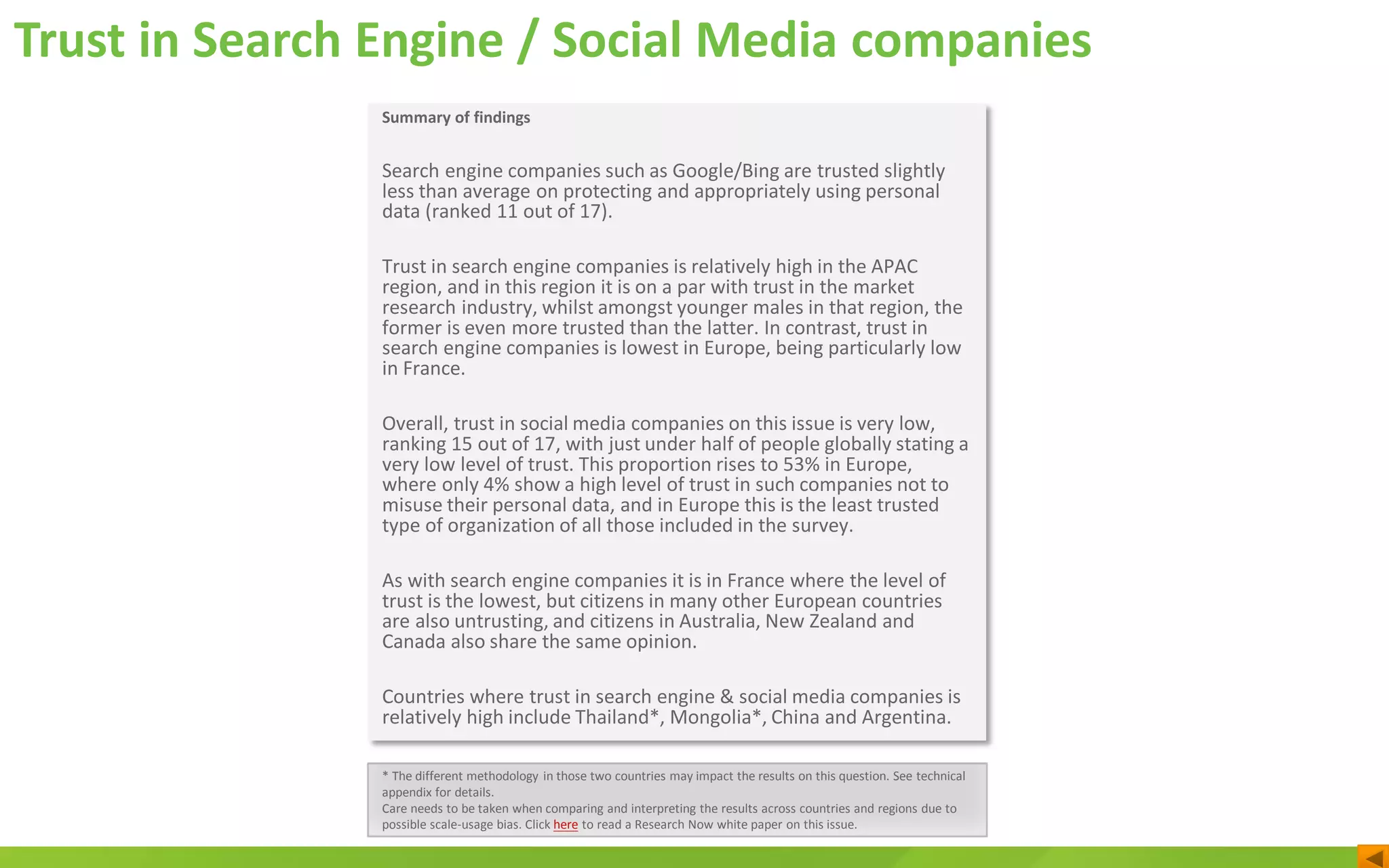 Trust in Search Engine / Social Media companies
* The different methodology in those two countries may impact the results on this question. See technical
appendix for details.
Care needs to be taken when comparing and interpreting the results across countries and regions due to
possible scale-usage bias. Click here to read a Research Now white paper on this issue.
Summary of findings
Search engine companies such as Google/Bing are trusted slightly
less than average on protecting and appropriately using personal
data (ranked 11 out of 17).
Trust in search engine companies is relatively high in the APAC
region, and in this region it is on a par with trust in the market
research industry, whilst amongst younger males in that region, the
former is even more trusted than the latter. In contrast, trust in
search engine companies is lowest in Europe, being particularly low
in France.
Overall, trust in social media companies on this issue is very low,
ranking 15 out of 17, with just under half of people globally stating a
very low level of trust. This proportion rises to 53% in Europe,
where only 4% show a high level of trust in such companies not to
misuse their personal data, and in Europe this is the least trusted
type of organization of all those included in the survey.
As with search engine companies it is in France where the level of
trust is the lowest, but citizens in many other European countries
are also untrusting, and citizens in Australia, New Zealand and
Canada also share the same opinion.
Countries where trust in search engine & social media companies is
relatively high include Thailand*, Mongolia*, China and Argentina.
 