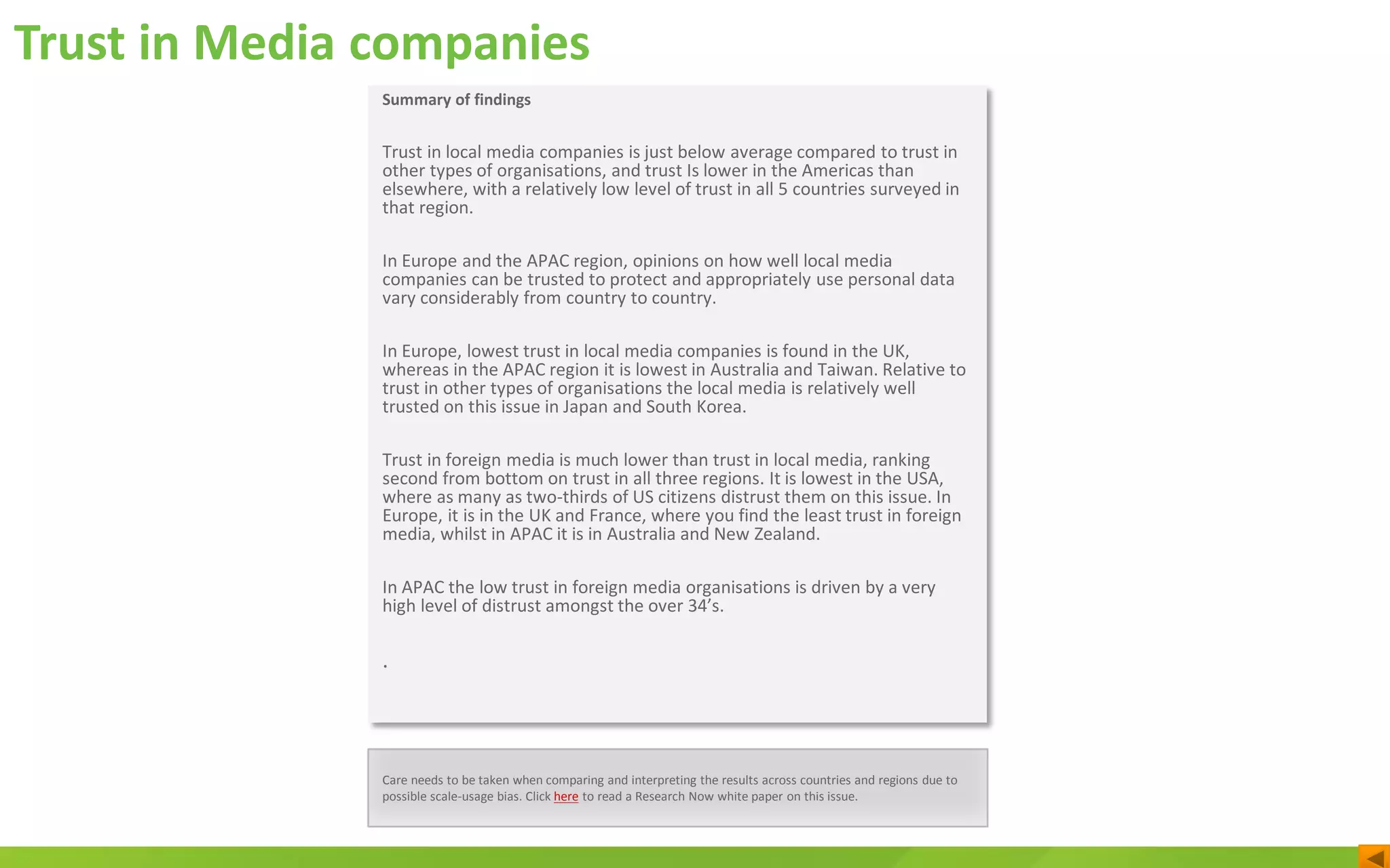 Trust in Media companies
Care needs to be taken when comparing and interpreting the results across countries and regions due to
possible scale-usage bias. Click here to read a Research Now white paper on this issue.
Summary of findings
Trust in local media companies is just below average compared to trust in
other types of organisations, and trust Is lower in the Americas than
elsewhere, with a relatively low level of trust in all 5 countries surveyed in
that region.
In Europe and the APAC region, opinions on how well local media
companies can be trusted to protect and appropriately use personal data
vary considerably from country to country.
In Europe, lowest trust in local media companies is found in the UK,
whereas in the APAC region it is lowest in Australia and Taiwan. Relative to
trust in other types of organisations the local media is relatively well
trusted on this issue in Japan and South Korea.
Trust in foreign media is much lower than trust in local media, ranking
second from bottom on trust in all three regions. It is lowest in the USA,
where as many as two-thirds of US citizens distrust them on this issue. In
Europe, it is in the UK and France, where you find the least trust in foreign
media, whilst in APAC it is in Australia and New Zealand.
In APAC the low trust in foreign media organisations is driven by a very
high level of distrust amongst the over 34’s.
.
 
