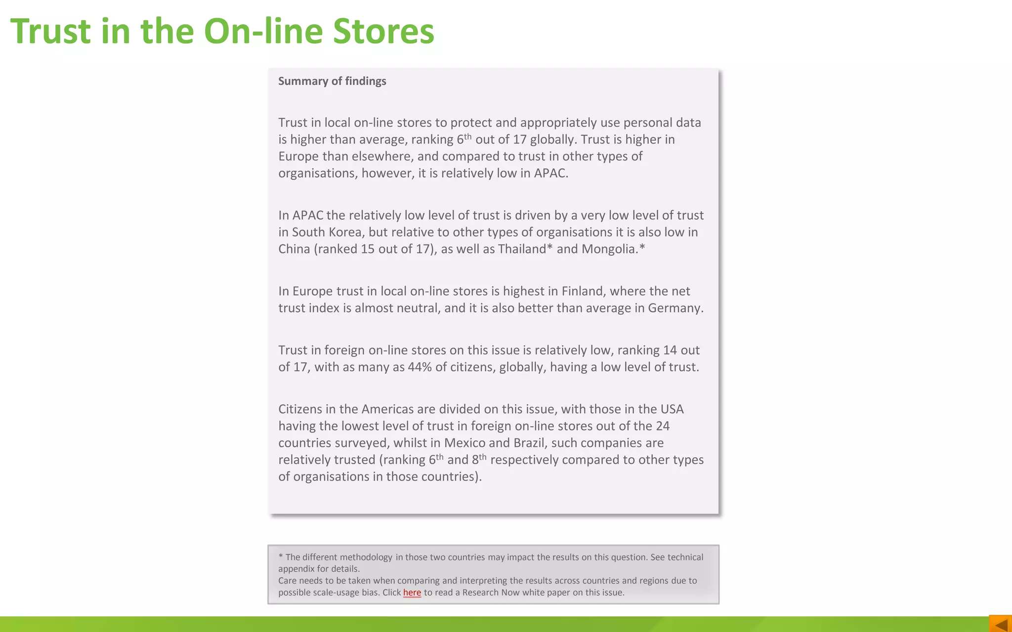 Trust in the On-line Stores
* The different methodology in those two countries may impact the results on this question. See technical
appendix for details.
Care needs to be taken when comparing and interpreting the results across countries and regions due to
possible scale-usage bias. Click here to read a Research Now white paper on this issue.
Summary of findings
Trust in local on-line stores to protect and appropriately use personal data
is higher than average, ranking 6th out of 17 globally. Trust is higher in
Europe than elsewhere, and compared to trust in other types of
organisations, however, it is relatively low in APAC.
In APAC the relatively low level of trust is driven by a very low level of trust
in South Korea, but relative to other types of organisations it is also low in
China (ranked 15 out of 17), as well as Thailand* and Mongolia.*
In Europe trust in local on-line stores is highest in Finland, where the net
trust index is almost neutral, and it is also better than average in Germany.
Trust in foreign on-line stores on this issue is relatively low, ranking 14 out
of 17, with as many as 44% of citizens, globally, having a low level of trust.
Citizens in the Americas are divided on this issue, with those in the USA
having the lowest level of trust in foreign on-line stores out of the 24
countries surveyed, whilst in Mexico and Brazil, such companies are
relatively trusted (ranking 6th and 8th respectively compared to other types
of organisations in those countries).
 