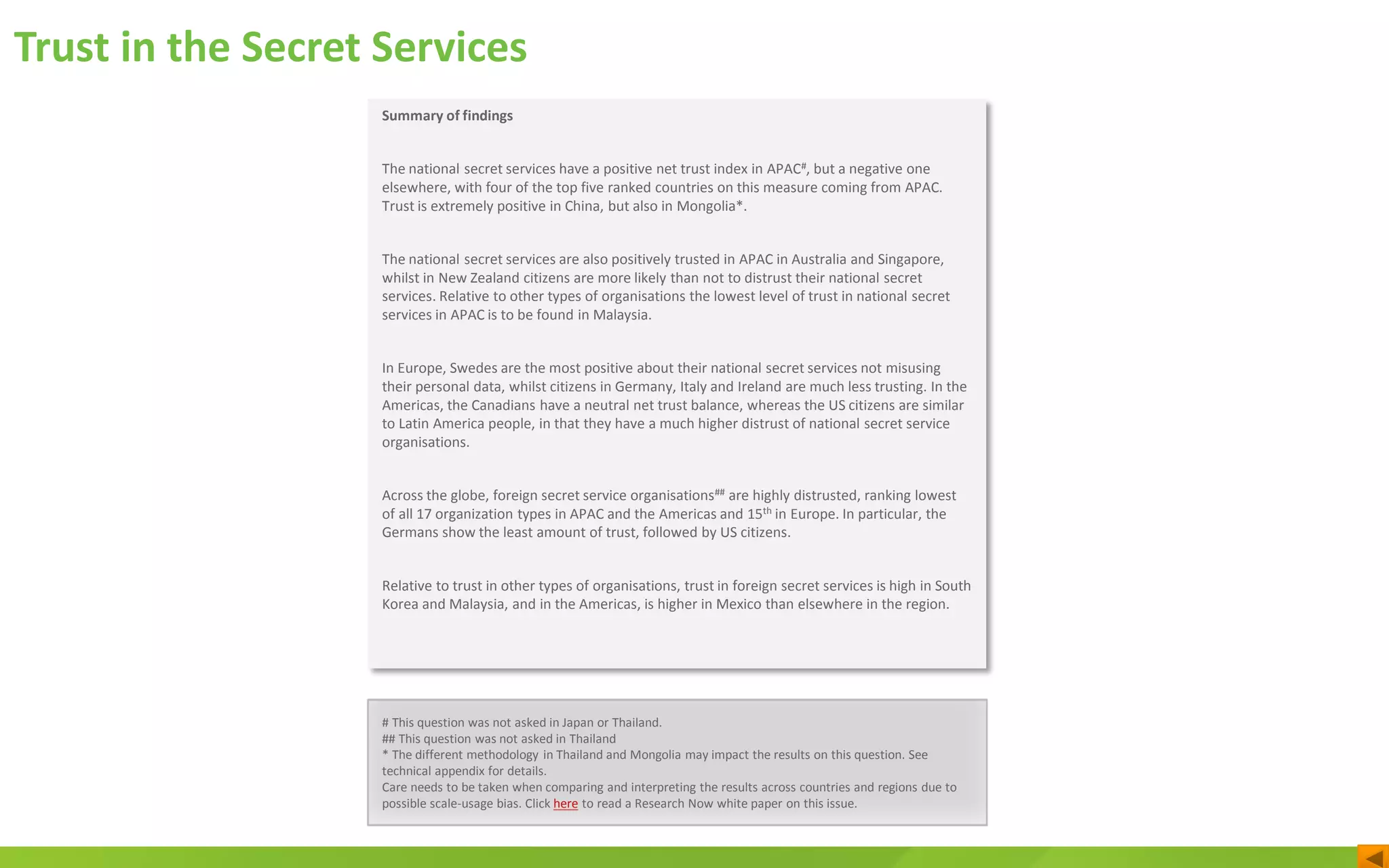 Trust in the Secret Services
# This question was not asked in Japan or Thailand.
## This question was not asked in Thailand
* The different methodology in Thailand and Mongolia may impact the results on this question. See
technical appendix for details.
Care needs to be taken when comparing and interpreting the results across countries and regions due to
possible scale-usage bias. Click here to read a Research Now white paper on this issue.
Summary of findings
The national secret services have a positive net trust index in APAC#, but a negative one
elsewhere, with four of the top five ranked countries on this measure coming from APAC.
Trust is extremely positive in China, but also in Mongolia*.
The national secret services are also positively trusted in APAC in Australia and Singapore,
whilst in New Zealand citizens are more likely than not to distrust their national secret
services. Relative to other types of organisations the lowest level of trust in national secret
services in APAC is to be found in Malaysia.
In Europe, Swedes are the most positive about their national secret services not misusing
their personal data, whilst citizens in Germany, Italy and Ireland are much less trusting. In the
Americas, the Canadians have a neutral net trust balance, whereas the US citizens are similar
to Latin America people, in that they have a much higher distrust of national secret service
organisations.
Across the globe, foreign secret service organisations## are highly distrusted, ranking lowest
of all 17 organization types in APAC and the Americas and 15th in Europe. In particular, the
Germans show the least amount of trust, followed by US citizens.
Relative to trust in other types of organisations, trust in foreign secret services is high in South
Korea and Malaysia, and in the Americas, is higher in Mexico than elsewhere in the region.
 