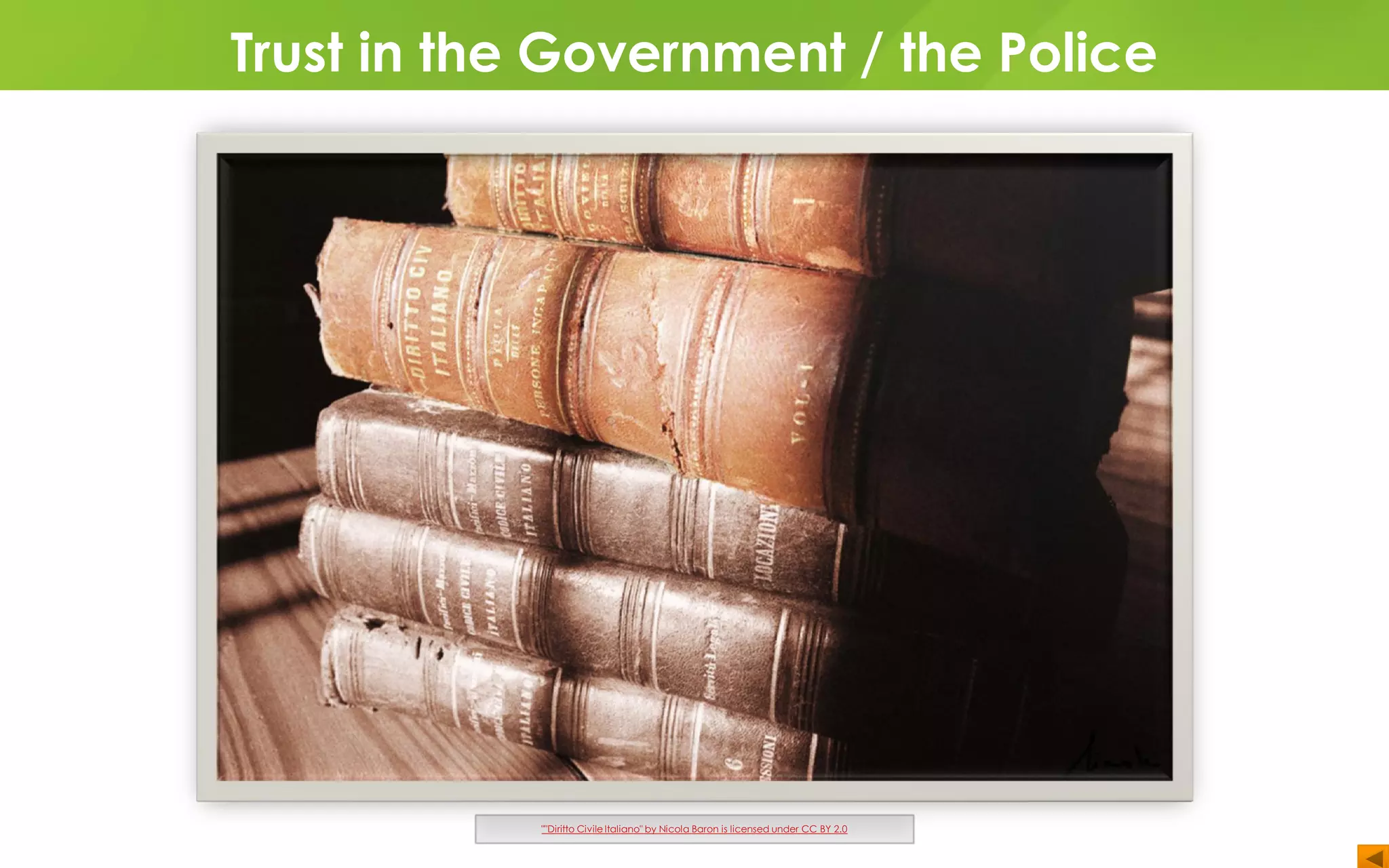 Trust in the Government / the Police
""Diritto CivileItaliano" by Nicola Baron is licensed under CC BY 2.0
 
