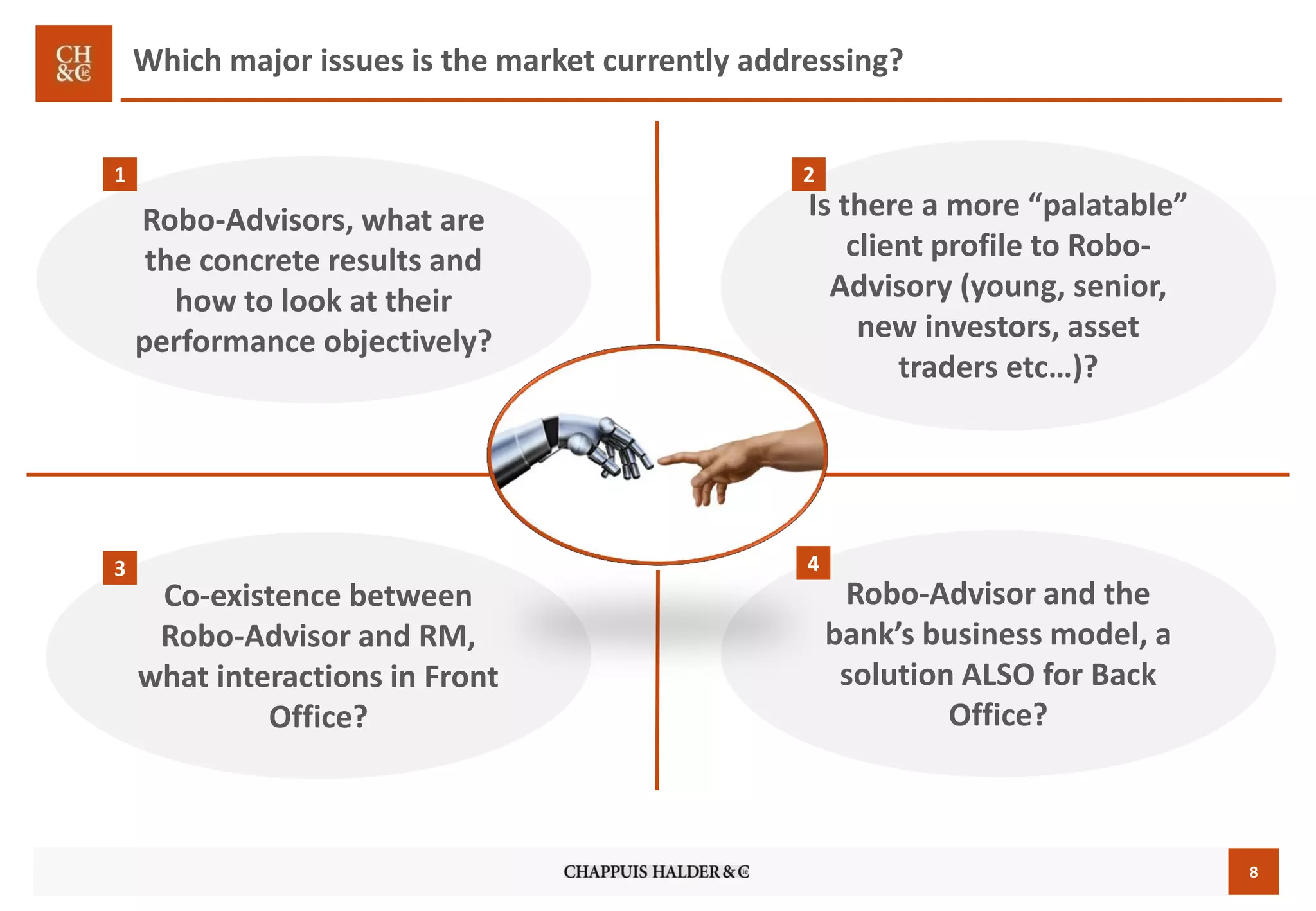 8
Co-existence between
Robo-Advisor and RM,
what interactions in Front
Office?
Which major issues is the market currently addressing?
3
Robo-Advisor and the
bank’s business model, a
solution ALSO for Back
Office?
Robo-Advisors, what are
the concrete results and
how to look at their
performance objectively?
Is there a more “palatable”
client profile to Robo-
Advisory (young, senior,
new investors, asset
traders etc…)?
1
4
2
 