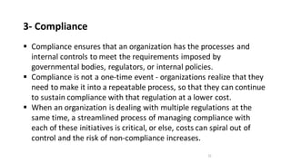 ▪ Compliance ensures that an organization has the processes and
internal controls to meet the requirements imposed by
gove...