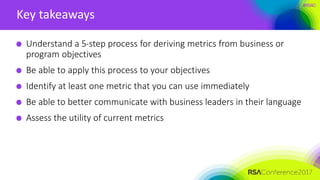 #RSAC
Key takeaways
Understand a 5-step process for deriving metrics from business or
program objectives
Be able to apply this process to your objectives
Identify at least one metric that you can use immediately
Be able to better communicate with business leaders in their language
Assess the utility of current metrics
 