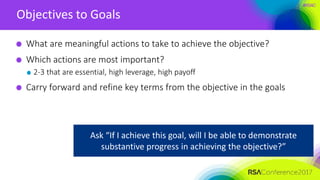 #RSAC
Objectives to Goals
What are meaningful actions to take to achieve the objective?
Which actions are most important?
2-3 that are essential, high leverage, high payoff
Carry forward and refine key terms from the objective in the goals
Ask “If I achieve this goal, will I be able to demonstrate
substantive progress in achieving the objective?”
 