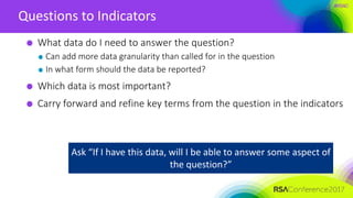 #RSAC
Questions to Indicators
What data do I need to answer the question?
Can add more data granularity than called for in the question
In what form should the data be reported?
Which data is most important?
Carry forward and refine key terms from the question in the indicators
Ask “If I have this data, will I be able to answer some aspect of
the question?”
 