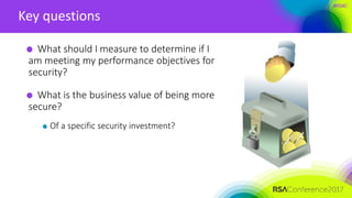 #RSAC
Key questions
What should I measure to determine if I
am meeting my performance objectives for
security?
What is the business value of being more
secure?
Of a specific security investment?
 