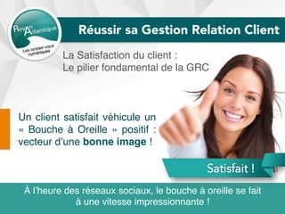 Réussir sa Gestion Relation Client
La Satisfaction du client :
Le pilier fondamental de la GRC
Un client satisfait véhicule un
« Bouche à Oreille » positif :
vecteur d’une bonne image !
À l’heure des réseaux sociaux, le bouche à oreille se fait
à une vitesse impressionnante !
 