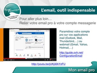 Pour aller plus loin…
Relier votre email pro à votre compte messagerie
http://youtu.be/jUKj32kYzFU
Paramétrez votre compte
pro sur vos applications
mail (Outlook, Mail,
Thunderbird,…) ou
webmail (Gmail, Yahoo,
Hotmail,…)
http://guide.ovh.net/
ConﬁgurationEmail
L’email, outil indispensable
 