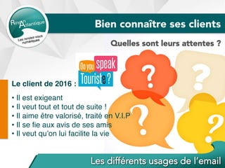Quelles sont leurs attentes ?
Bien connaître ses clients
Le client de 2016 :
• Il est exigeant
• Il veut tout et tout de suite !
• Il aime être valorisé, traité en V.I.P
• Il se ﬁe aux avis de ses amis
• Il veut qu’on lui facilite la vie
 
