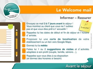 Envoyez ce mail 3 à 7 jours avant le séjour !
Vous montrez au client que vous ne l’oubliez
pas et que vous êtes prêt à l’accueillir !
Rappelez lui les dates de début et ﬁn de séjour et l’horaire
d’arrivée.
Proposez lui une carte de localisation de votre
établissement ou un lien vers Google Maps.
Donnez lui la météo
Faites lui 1 ou 2 suggestions de visites et d’activités
adaptées à son proﬁl (couple, famille, séniors…),
Rappelez que vous êtes à sa disposition
(et donnez des horaires si besoin)
Le Welcome mail
Designedbyfreepik.com	
Informer – Rassurer
 