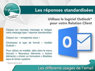 Cliquez sur nouveau message et rédigez
votre message type / réponse standardisée
Cliquez sur « enregistrez sous »
Choisissez le type de format «  modèle
Outlook »
Pour utiliser ce modèle, allez dans le menu
Accueil > Nouveaux éléments > Autres
éléments > choisir un formulaire > Modèles
dans le ﬁchier système
Utilisez le logiciel Outlook*
pour votre Relation Client
* Versions 2010 et 2013
Les réponses standardisées
 