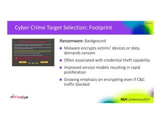 #RSAC
Cyber Crime Target Selection: Footprint
Ransomware: Background
Malware encrypts victims’ devices or data, 
demands ransom
Often associated with credential theft capability
Improved service models resulting in rapid 
proliferation
Growing emphasis on encrypting even if C&C 
traffic blocked
 