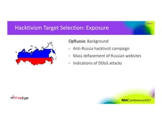 #RSAC
Hacktivism Target Selection: Exposure
OpRussia: Background
• Anti‐Russia hacktivist campaign
• Mass defacement of Russian websites
• Indications of DDoS attacks
 