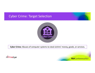 #RSAC
Cyber Crime: Target Selection
Cyber Crime: Abuses of computer systems to steal victims’ money, goods, or services.
 