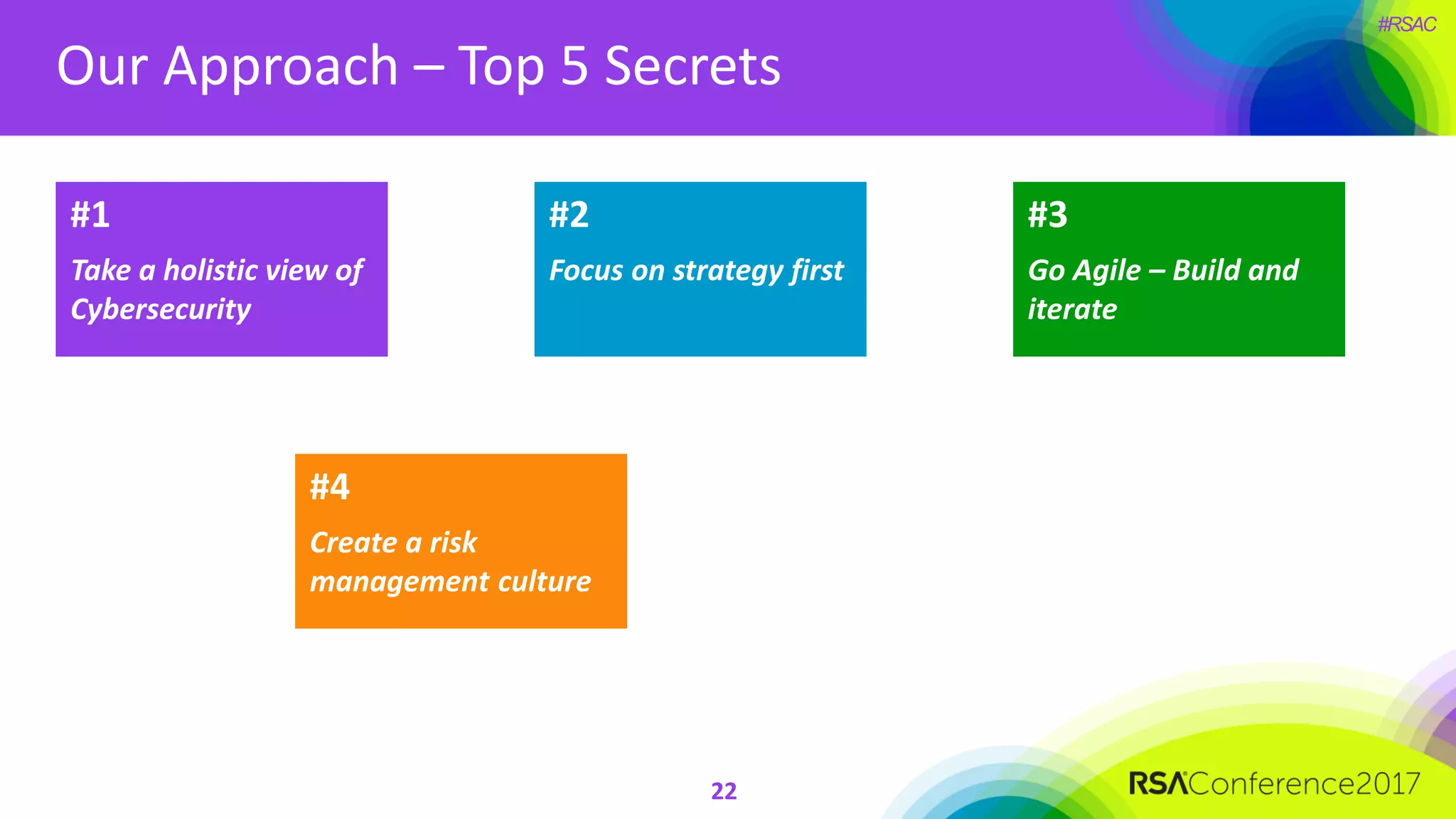 #RSAC
Our Approach – Top 5 Secrets
22
#1
Take a holistic view of
Cybersecurity
#2
Focus on strategy first
#3
Go Agile – Build and
iterate
#4
Create a risk
management culture
 
