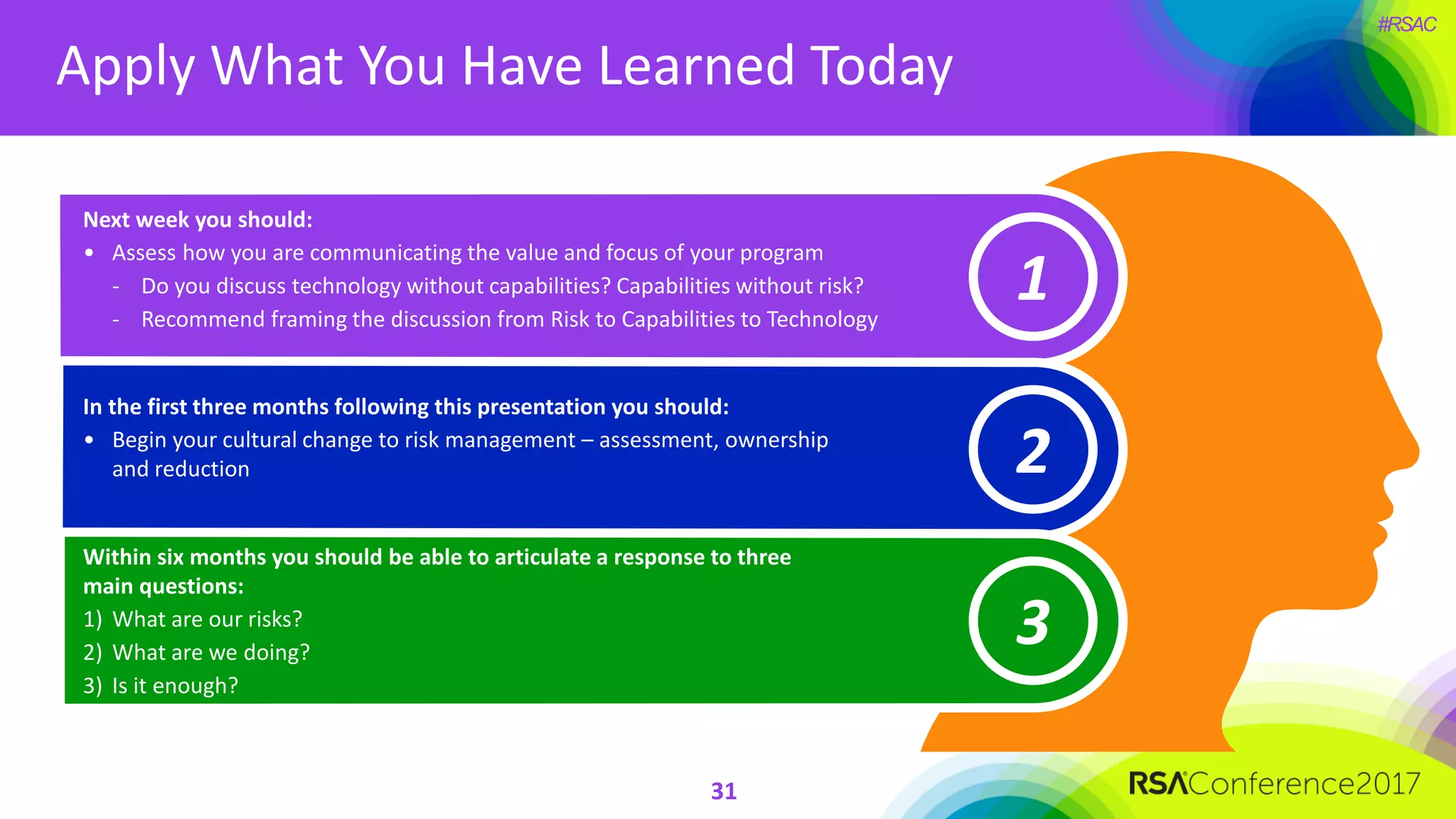 #RSAC
1
Next week you should:
• Assess how you are communicating the value and focus of your program
- Do you discuss technology without capabilities? Capabilities without risk?
- Recommend framing the discussion from Risk to Capabilities to Technology
2
In the first three months following this presentation you should:
• Begin your cultural change to risk management – assessment, ownership
and reduction
3
Within six months you should be able to articulate a response to three
main questions:
1) What are our risks?
2) What are we doing?
3) Is it enough?
.
Apply What You Have Learned Today
31
 