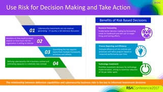 #RSAC
Use Risk for Decision Making and Take Action
Resource Forecasting
Enable better decision making by forecasting
needs for headcount and skill sets to target
hiring and training efforts.
Process Reporting and Efficiency
Evaluate efficiency of risk controls and
processes and refine program based on
measured performance over time.
Technology Investment
Prioritize investment decisions for technology
implementation, aiming to maximize reduction
of risk per dollar spent.
01
02
03
04
Cybersecurity investments are not revenue
generating – it’s purely a risk tolerance discussion
Decisions on how much to invest
depend on how much risk the
organization is willing to tolerate
Quantifying the risk requires
inputs from multiple frameworks,
processes and skillsets
Defining cybersecurity risk in business context and
estimating exposure is a relatively new concept
The relationship between defensive capabilities and cybersecurity business risks is the key to informed investment decisions
01
02
03
04
Cybersecurity investments are not revenue
generating – it’s purely a risk tolerance discussion
Decisions on how much to invest
depend on how much risk the
organization is willing to tolerate
Quantifying the risk requires
inputs from multiple frameworks,
processes and skillsets
Defining cybersecurity risk in business context and
estimating exposure is a relatively new concept
Benefits of Risk Based Decisions
 