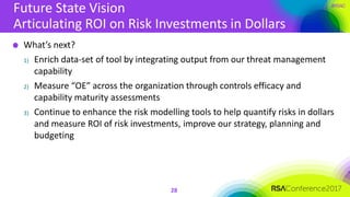 #RSAC
Future State Vision
Articulating ROI on Risk Investments in Dollars
28
What’s next?
1) Enrich data-set of tool by integrating output from our threat management
capability
2) Measure “OE” across the organization through controls efficacy and
capability maturity assessments
3) Continue to enhance the risk modelling tools to help quantify risks in dollars
and measure ROI of risk investments, improve our strategy, planning and
budgeting
 