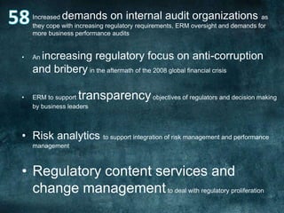 demands on internal audit organizations

•

Increased
as
they cope with increasing regulatory requirements, ERM oversight and demands for
more business performance audits

•

An

•

ERM to support
by business leaders

increasing regulatory focus on anti-corruption
and bribery in the aftermath of the 2008 global financial crisis

transparency objectives of regulators and decision making

• Risk analytics to support integration of risk management and performance
management

• Regulatory content services and
change management to deal with regulatory proliferation

 
