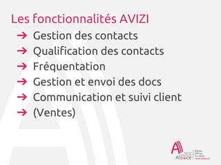 Les fonctionnalités AVIZI
➔Gestion des contacts
➔Qualification des contacts
➔Fréquentation
➔Gestion et envoi des docs
➔Communication et suivi client
➔(Ventes)
 