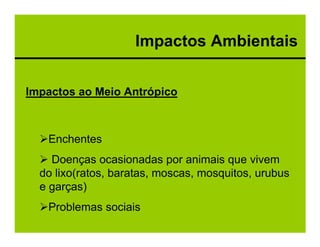 Impactos Ambientais


Impactos ao Meio Antrópico



   Enchentes
    Doenças ocasionadas por animais que vivem
  do lixo(ratos, baratas, moscas, mosquitos, urubus
  e garças)
   Problemas sociais
 