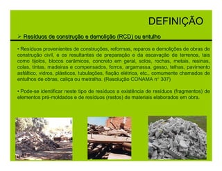 DEFINIÇÃO
  Resíduos de construção e demolição (RCD) ou entulho

• Resíduos provenientes de construções, reformas, reparos e demolições de obras de
construção civil, e os resultantes de preparação e da escavação de terrenos, tais
como tijolos, blocos cerâmicos, concreto em geral, solos, rochas, metais, resinas,
colas, tintas, madeiras e compensados, forros, argamassa, gesso, telhas, pavimento
asfáltico, vidros, plásticos, tubulações, fiação elétrica, etc., comumente chamados de
entulhos de obras, caliça ou metralha. (Resolução CONAMA n° 307)

• Pode-se identificar neste tipo de resíduos a existência de resíduos (fragmentos) de
elementos pré-moldados e de resíduos (restos) de materiais elaborados em obra.
 