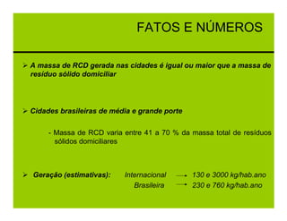 FATOS E NÚMEROS

A massa de RCD gerada nas cidades é igual ou maior que a massa de
resíduo sólido domiciliar




Cidades brasileiras de média e grande porte

     - Massa de RCD varia entre 41 a 70 % da massa total de resíduos
       sólidos domiciliares



Geração (estimativas):    Internacional       130 e 3000 kg/hab.ano
                             Brasileira       230 e 760 kg/hab.ano
 