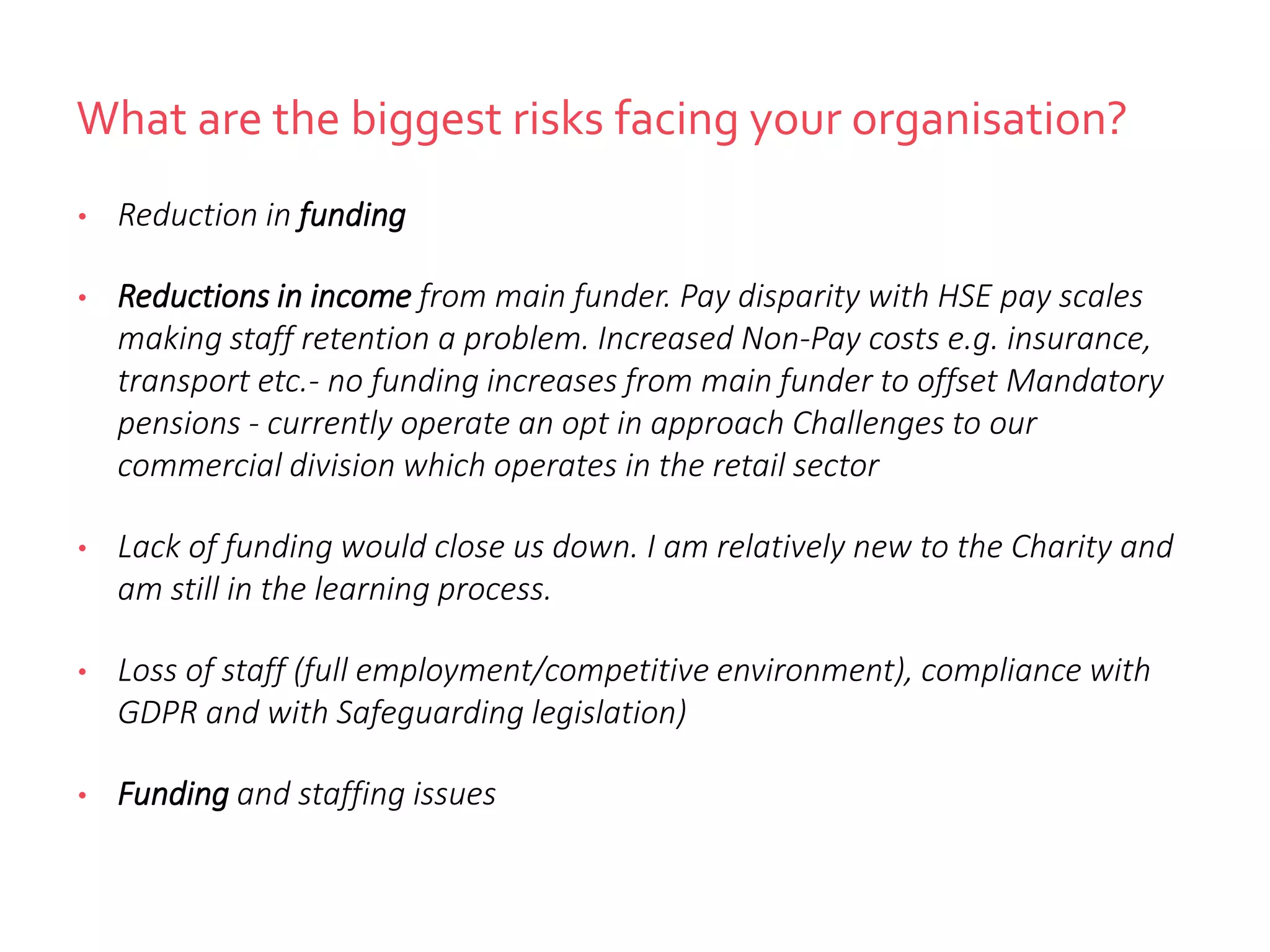 What are the biggest risks facing your organisation?
• Reduction in funding
• Reductions in income from main funder. Pay disparity with HSE pay scales
making staff retention a problem. Increased Non-Pay costs e.g. insurance,
transport etc.- no funding increases from main funder to offset Mandatory
pensions - currently operate an opt in approach Challenges to our
commercial division which operates in the retail sector
• Lack of funding would close us down. I am relatively new to the Charity and
am still in the learning process.
• Loss of staff (full employment/competitive environment), compliance with
GDPR and with Safeguarding legislation)
• Funding and staffing issues
 