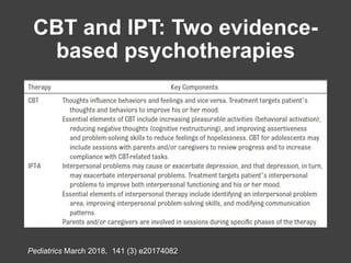 CBT and IPT: Two evidence-
based psychotherapies
Pediatrics March 2018, 141 (3) e20174082
 