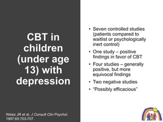 CBT in
children
(under age
13) with
depression
• Seven controlled studies
(patients compared to
waitlist or psychologicall...