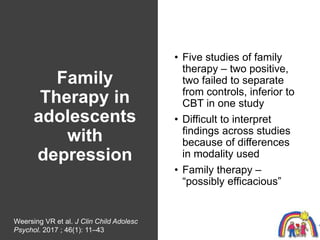 Family
Therapy in
adolescents
with
depression
• Five studies of family
therapy – two positive,
two failed to separate
from...