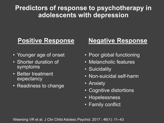 Predictors of response to psychotherapy in
adolescents with depression
• Younger age of onset
• Shorter duration of
sympto...