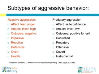 Subtypes of aggressive behavior:
Reactive aggression:                                  Predatory aggression
     Affect: ...