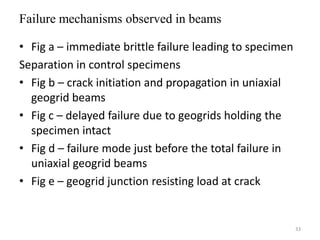 Failure mechanisms observed in beams
• Fig a – immediate brittle failure leading to specimen
Separation in control specimens
• Fig b – crack initiation and propagation in uniaxial
geogrid beams
• Fig c – delayed failure due to geogrids holding the
specimen intact
• Fig d – failure mode just before the total failure in
uniaxial geogrid beams
• Fig e – geogrid junction resisting load at crack
33
 