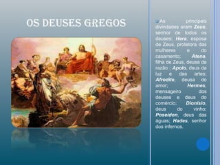 OS DEUSES GREGOS     As          principais
                   divindades eram Zeus,
                   senhor de todos os
                   deuses; Hera, esposa
                   de Zeus, protetora das
                   mulheres       e       do
                   casamento;        Atena,
                   filha de Zeus, deusa da
                   razão ; Apolo, deus da
                   luz    e das artes;
                   Afrodite, deusa do
                   amor;          Hermes,
                   mensageiro            dos
                   deuses e deus do
                   comércio;      Dionísio,
                   deus      do       vinho;
                   Poseidon, deus das
                   águas; Hades, senhor
                   dos infernos.
 