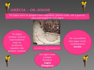 In, www.radarkids.com.br/.../images/grecia_arena.jpg Os jogos para os gregos eram sagrados, parava tudo, até a guerra, para participarem nos jogos Os jogos tinham muitos espectadores mas as mulheres casadas não podiam assistir Os vencedores dos jogos eram considerados  heróis Os jogos mais antigos foramos  Jogos Olímpicos 