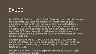 SAÚDE
Em 2009 a Grécia era o país da União Europeia com mais médicos por
mil habitantes (6,17 por mil habitantes), muito mais do que
a Romênia, o país da UE com menos médicos por mil habitantes
(2,16), e com uma grande diferença para o segundo colocado,
a Áustria, que tem 4,85 médicos por mil habitantes. Segundo os
dados da OCDE o rácio médicos-habitantes era ligeiramente
diferente, sendo de 6,1, o maior da OCDE, grupo de países em que a
média era de 3,1. .
A Grécia gastava em 2010 10,25% do seu PIB de 299, 1024 mil
milhões de dólares em despesas de saúde, o oitavo país da UE que
em proporção do PIB mais gastava. Ou seja 12,12% das despesas
totais do estado.
Na Grécia havia em 2010 uma esperança média de vida de 80,39
anos, a sétima maior da UE.
 
