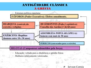 ANTIGÜIDADE CLÁSSICA
Prof. José Augusto FiorinProf. José Augusto Fiorin
A GRÉCIA
– Estrutura política espartana:
– Educação: voltada para a obediência e aptidão física;
– Mulheres relativamente valorizadas.
5 ÉFOROS (Poder Executivo): Eleitos anualmente.
HILOTAS (Camponeses submetidos pela força)
DIARQUIA (controle do
exército e religião)
28 GERONTES (Poder Legislativo):
Conselho dos Anciãos (+ de 60 anos)
ASSEMBLÉIA POPULAR (ÁPELA):
homens com mais de 30 anosEXÉRCITO: Hoplitas
(homens entre 18 e 30 anos)
PERIECOS (convocados para o exército)
Iervson Correia
 
