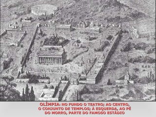 OLÍMPIA :  NO FUNDO O TEATRO; AO CENTRO, O CONJUNTO DE TEMPLOS; À ESQUERDA, AO PÉ DO MORRO, PARTE DO FAMOSO ESTÁDIO 