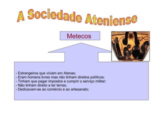 A Sociedade Ateniense  Metecos  - Estrangeiros que viviam em Atenas; - Eram homens livres mas não tinham direitos políticos; - Tinham que pagar impostos e cumprir o serviço militar; - Não tinham direito a ter terras; - Dedicavam-se ao comércio e ao artesanato; 