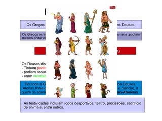 Religião e Cultura  Os Gregos eram  POLITEÍSTAS , prestavam culto a vários Deuses  Os Gregos acreditavam que os Deuses eram semelhantes aos Homens ,podiam mesmo andar entre eles e tinham os mesmos defeitos e virtudes  Eram Antropomórficos (Forma Humana)   Os Deuses distinguiam-se dos Homens porque:  - Tinham  poderes sobrenaturais ; - podiam assumir a forma que desejassem ( metamorfose ); - eram  imortais . Por toda a Grécia havia santuários dedicados ao cultos dos Deuses.  Atenas tinha como protectora a Deusa Atena (sabedoria e e ciência), a  quem os atenienses dedicavam grandes festividades: as  Pan-Ateneias .  As festividades incluíam jogos desportivos, teatro, procissões, sacrifício de animais, entre outros. 