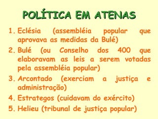 Eclésia (assembléia popular que aprovava as medidas da Bulé) Bulé (ou Conselho dos 400 que elaboravam as leis a serem votadas pela assembléia popular) Arcontado (exerciam a justiça e administração) Estrategos (cuidavam do exército) Helieu (tribunal de justiça popular) POLÍTICA EM ATENAS 