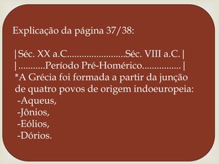 Explicação da página 37/38:|Séc. XX a.C........................Séc. VIII a.C.||...........Período Pré-Homérico................|*A Grécia foi formada a partir da junçãode quatro povos de origem indoeuropeia: -Aqueus,        -Jônios,          -Eólios,            -Dórios.