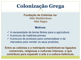 Colonização Grega
               Fundação de Colónias no:
                  •Mar Mediterrâneo
                     •Mar Negro

                        Motivos:
  A necessidade de terras férteis para a agricultura;
  A procura de matérias-primas;
  A procura de produtos para comercializar e de
   mercados para vender os seus produtos.

Entre as colónias e a metrópole mantinham-se ligações
   comerciais, religiosas e culturais intensas, o que
 contribuiu para expandir a arte e a cultura helénicas.
 